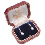 Continental Edwardian diamond and cultured pearl ear drops