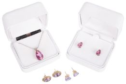 A contemporary pink topaz pendant and matching earrings