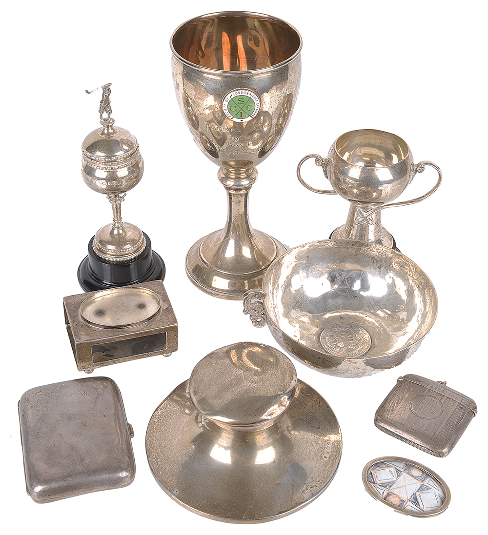 Selection of silver, trophy cups, inkwell, vesta case, other (8)