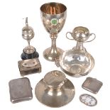 Selection of silver, trophy cups, inkwell, vesta case, other (8)