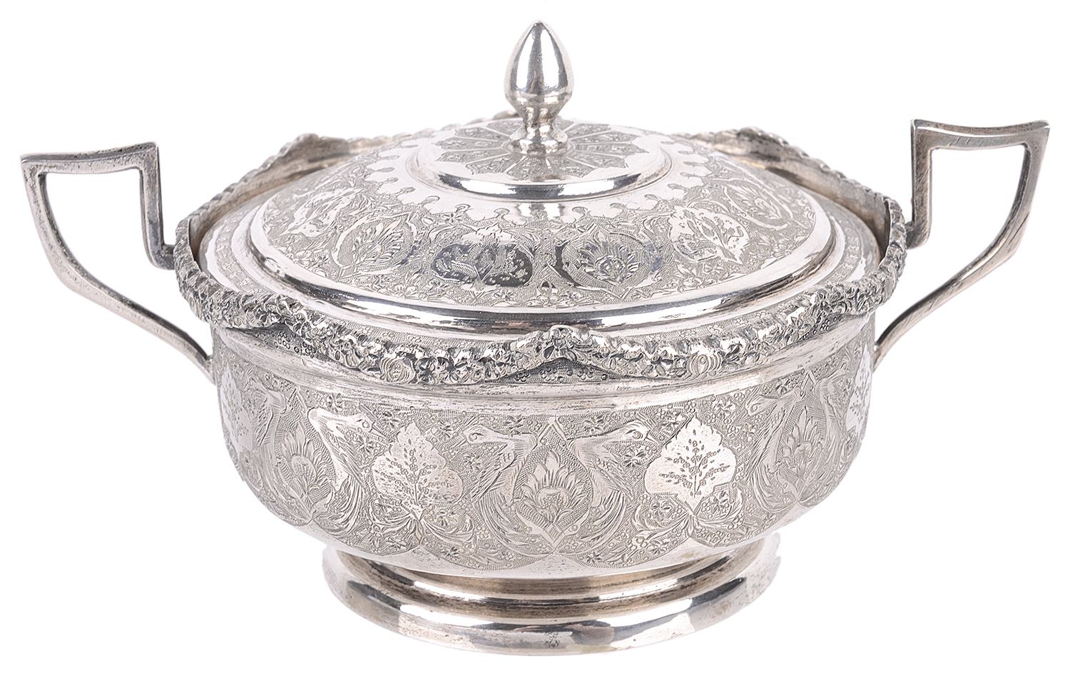 A Persian silver twin handled bowl with lid, early 20th c.