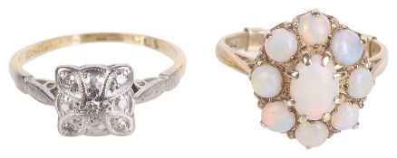 A 9ct gold mounted opal set dress ring(2)