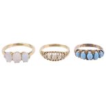 A three stone opal set ring and two Vict. gypsy rings(3)