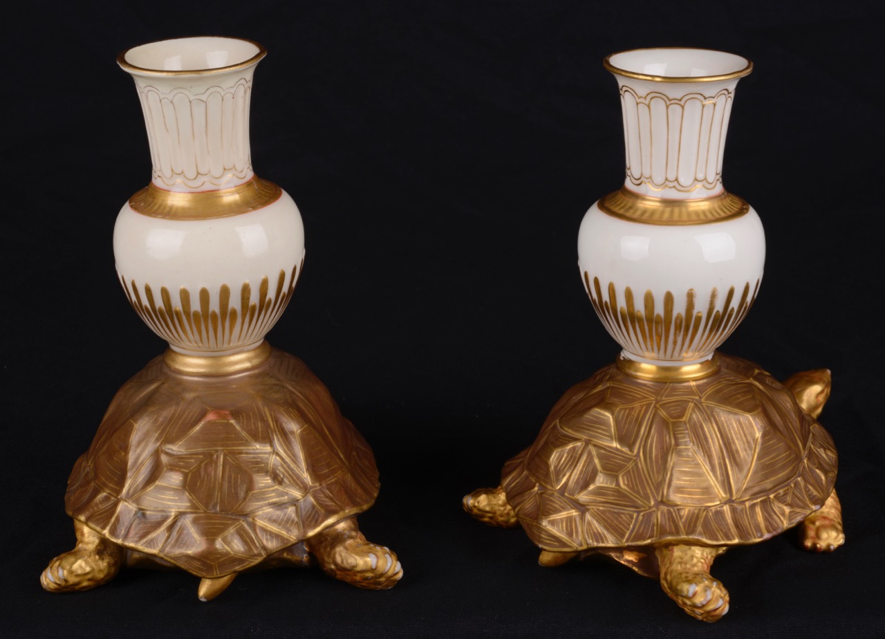 A pair of Royal Worcester aesthetic period tortoise candlesticks(2) - Image 2 of 4