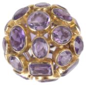 An unusual and large Continental gold and amethyst ball pendant