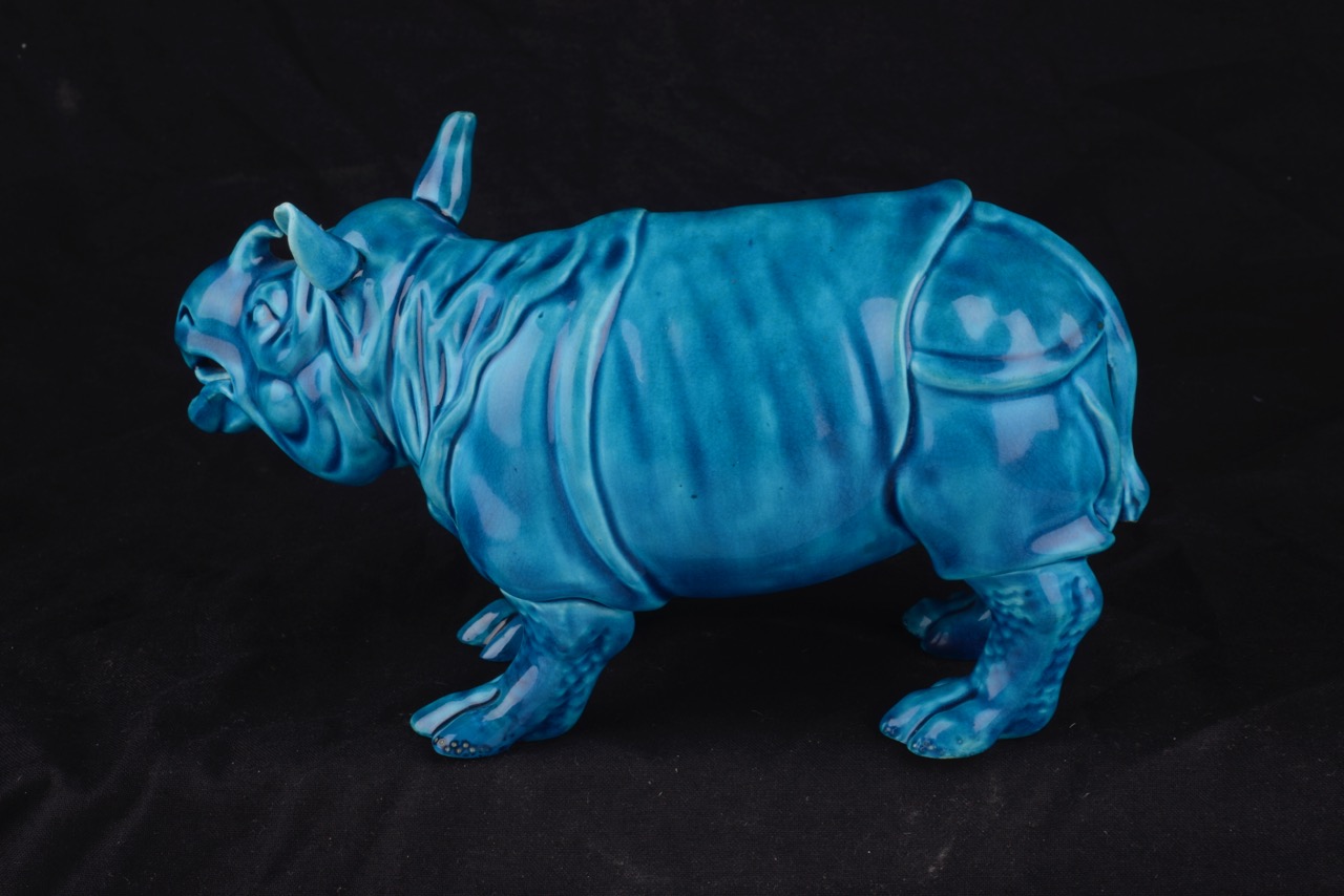 A Royal Worcester turquoise majolica model of a Rhinoceros, c1880 - Image 2 of 3