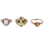 Citrine mounted dress ring, Vict. opal and diamond set ring; other (3)