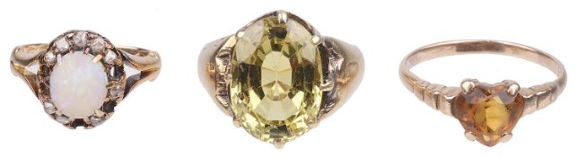 Citrine mounted dress ring, Vict. opal and diamond set ring; other (3)