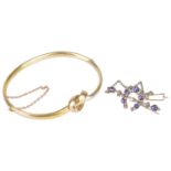 A Vict. sapphire and pearl set horseshoe brooch and a gold bangle(2)