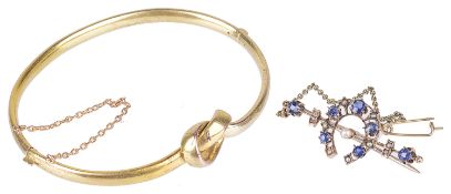 A Vict. sapphire and pearl set horseshoe brooch and a gold bangle(2)