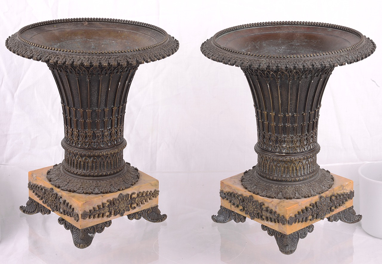 A pair of Fr. bronze urns in the Gothic taste, circa 1820 (2) - Image 2 of 2