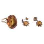 A gold mounted citrine fancy ring and a pair of similar ear drops