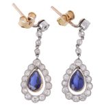 A pair of delicate Edwardian style sapphire and diamond drop earrings