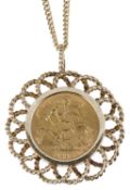 George V 1918 gold half sovereign 9ct gold mount with 9ct gold chain