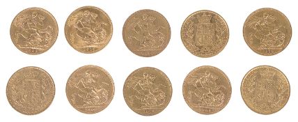 Ten Queen Victoria, Edward VII and George V gold full sovereigns(10)