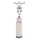 An Art Deco rock crystal, diamond and 'seed' pearl pendant brooch