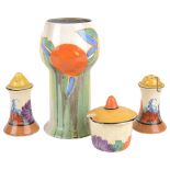 A collection of Clarice Cliff Bizarre cruets and vase(4)
