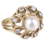 An 18ct gold mounted cultured pearl and diamond set fancy ring