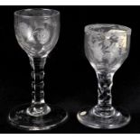 Two faceted stem wine glasses, circa 1785