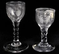 Two faceted stem wine glasses, circa 1785