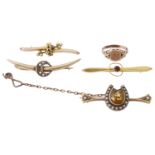 A Vict. citrine and pearl horseshoe brooch, together with various other brooches