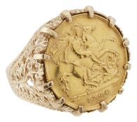 An Edward VII, gold half sovereign mounted ring