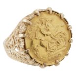 An Edward VII, gold half sovereign mounted ring