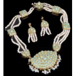 An Indian turquoise and freshwater pearl set necklace and earrings