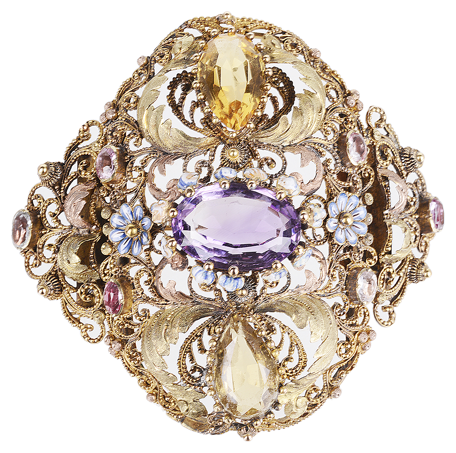 An attractive early 19th c. cannetille work, gem set brooch