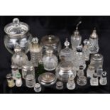 A collection of Victorian & later silver collared & topped scent bottles, cruet bottles & power jars