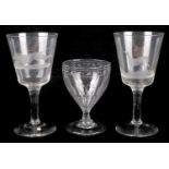 A pair of engraved hunting interest oversize wine glasses, early 19th century