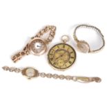 Three 9ct gold wristwatches and a 18k gold open faced pocket watch