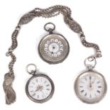 Three silver open faced pocket watches