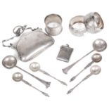 A collection of Victorian and later silver, napkin rings, vesta case, spoons and purse