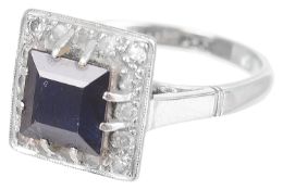 A Continental square sapphire and diamond set cluster ring