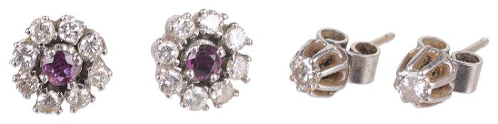 Pair of ruby and diamond ear studs and Pair of diamond ear studs