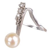 An unusual Continental cultured pearl and diamond set cocktail finger ring