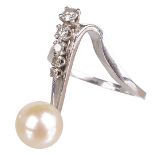 An unusual Continental cultured pearl and diamond set cocktail finger ring