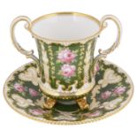 A Royal Crown Derby green ground two handled cup and matched stand, circa 1899