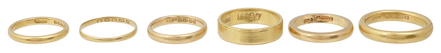 Six various 22ct gold wedding bands (6)