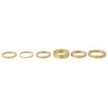 Six various 22ct gold wedding bands (6)