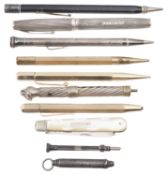 Two 9ct gold cased pencils, a Waterman's silver fountain pen, a silver retracting pencil and others