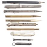 Two 9ct gold cased pencils, a Waterman's silver fountain pen, a silver retracting pencil and others