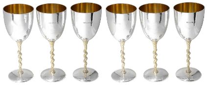 Stuart Leslie Devlin set of six parcel-gilt silver wine goblets, hallmarked London 1973