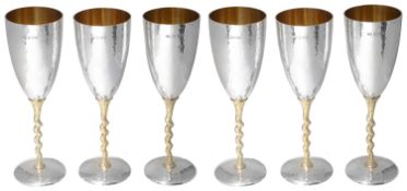 Stuart Leslie Devlin set of six parcel-gilt silver champagne flutes, hallmarked London 1973