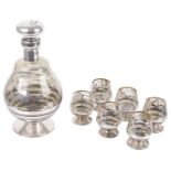 A Bohemian silvered glass decanter with six matching glasses, mid 20th century