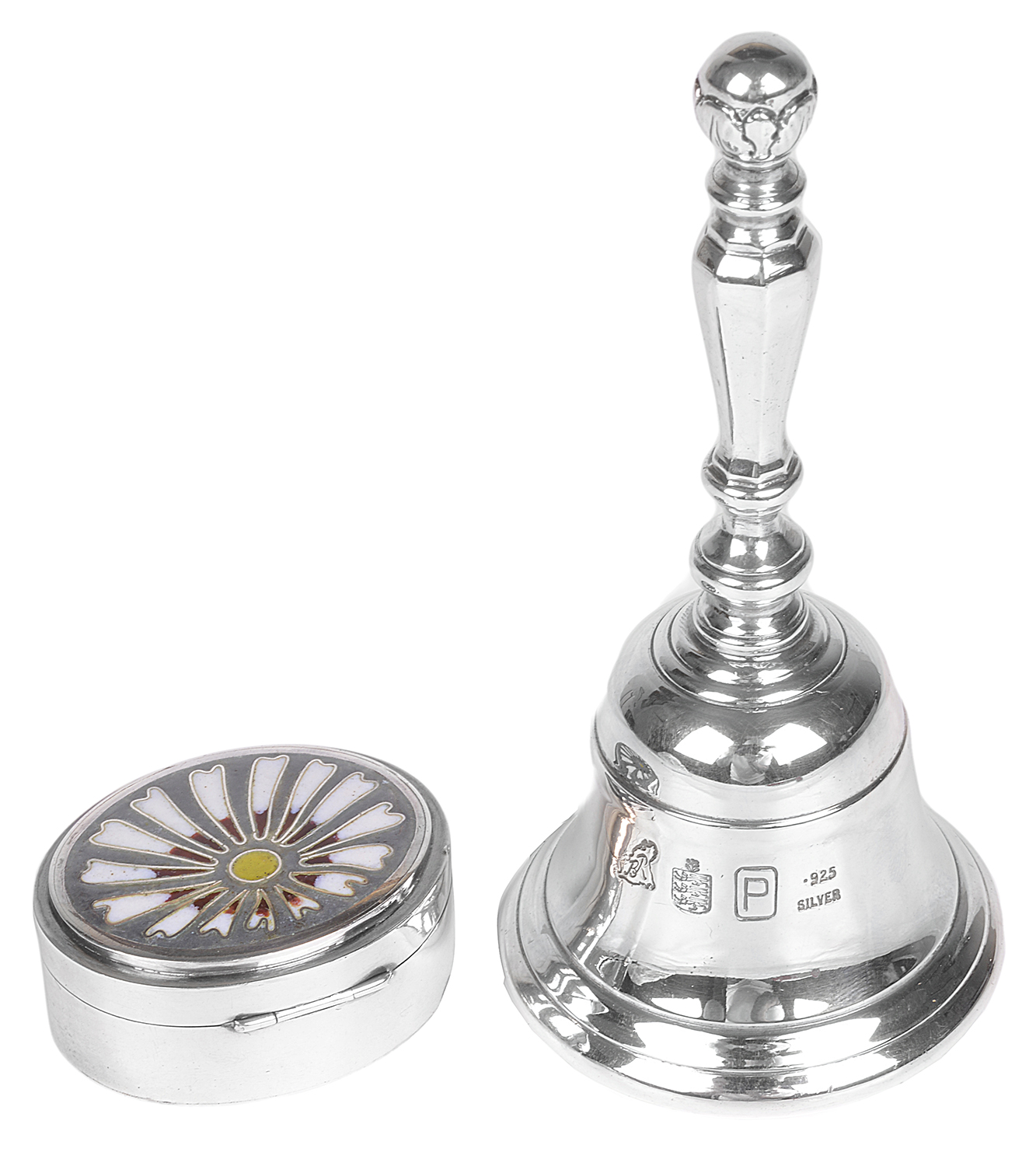 A silver desk bell and a silver trinket box