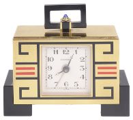 Cartier Paris Art Deco style gilt brass and enamel desk clock with alarm