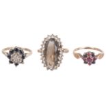 Three 9ct gold mounted cluster dress rings