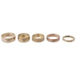 Five various 9ct gold wedding bands (5)